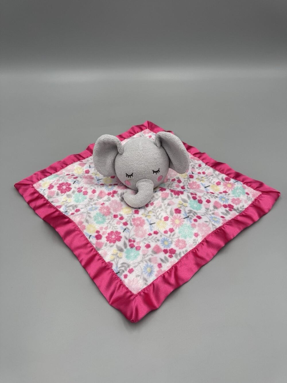 Parents Choice Elephant Lovey Plush Pink Floral Security Blanket Satin Trim